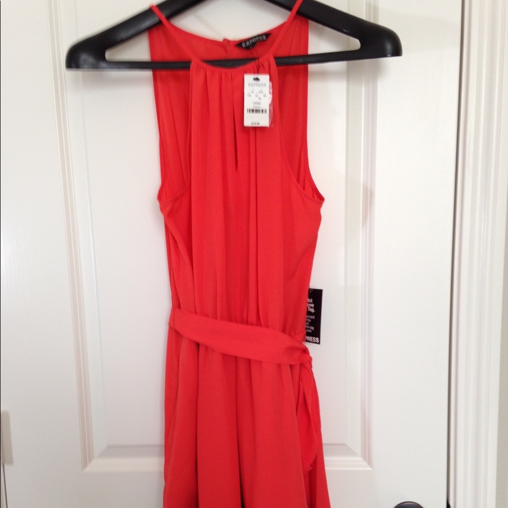 Express Orange & Tan halter style dress w/ sash L